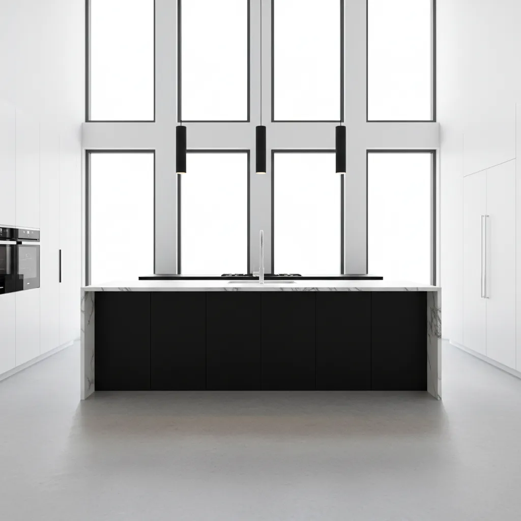 white kitchen with bold black island centerpiece