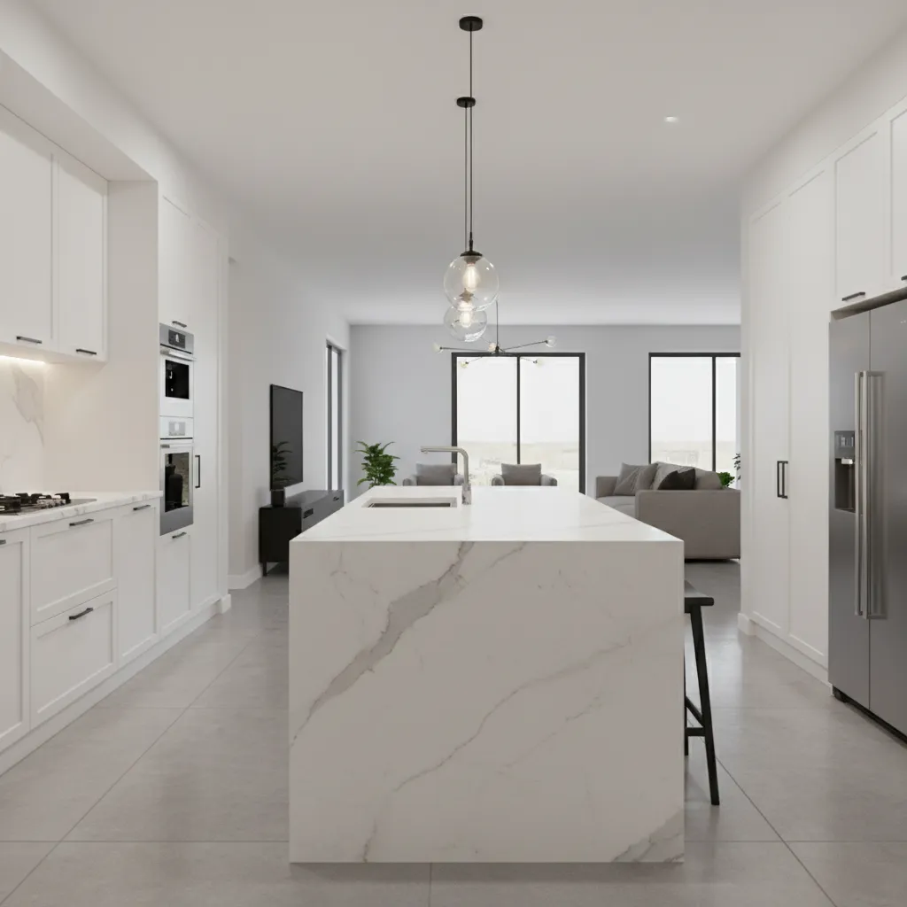 white kitchen with black island centerpiece