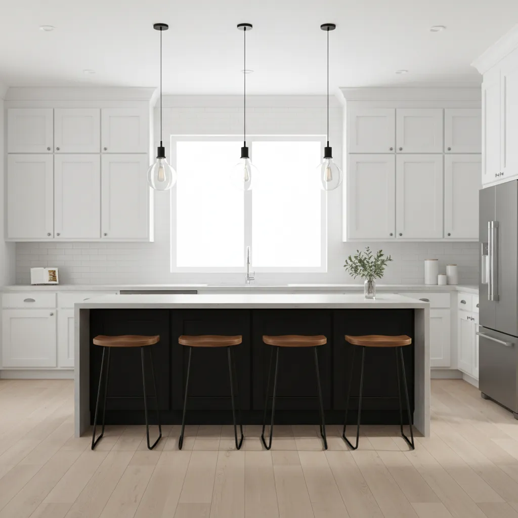 white kitchen cabinets with black island and wood bar stools