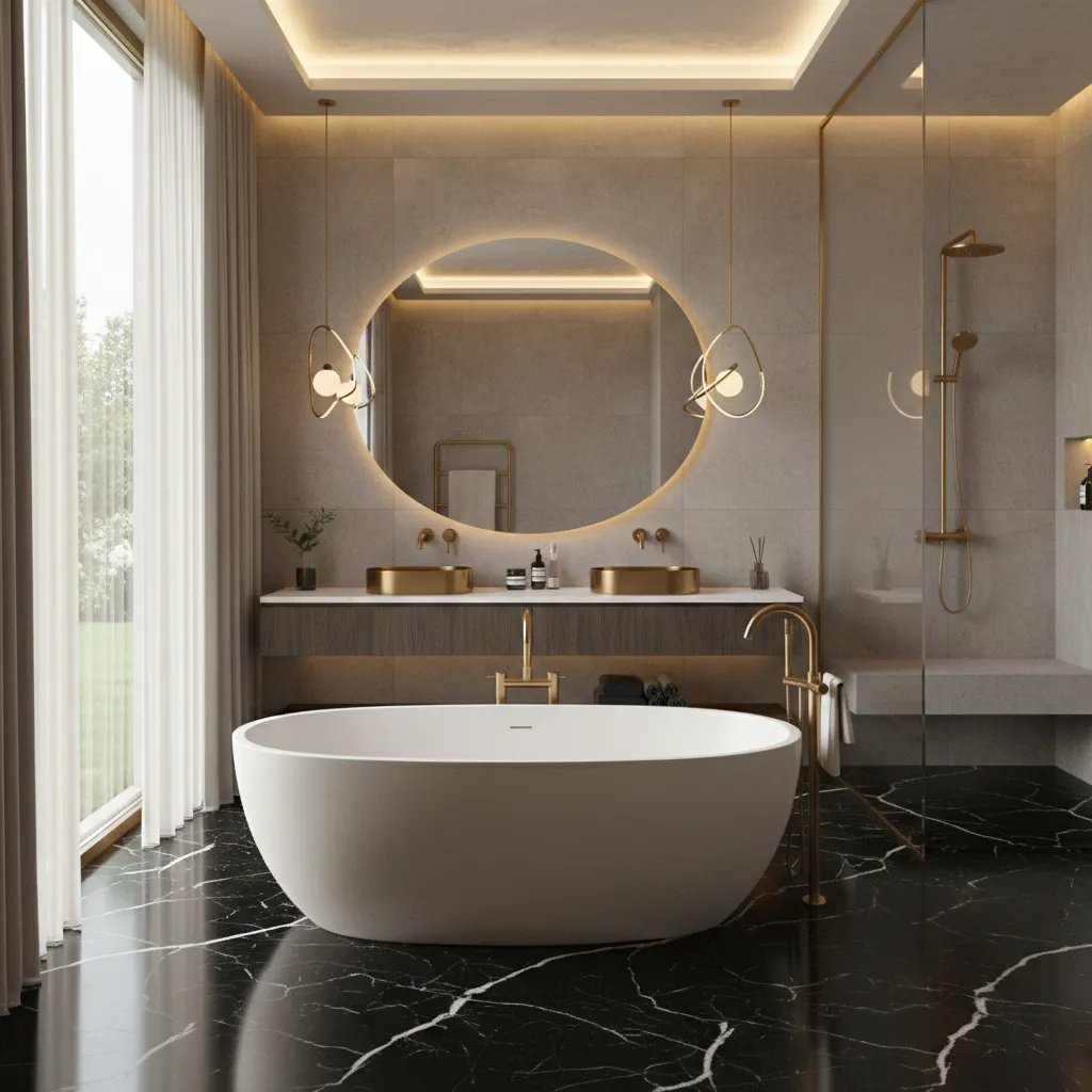 luxury bathroom with black marble floor and white veining pattern