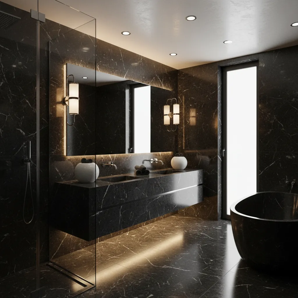 Bathroom with black marble tiles and layered lighting design