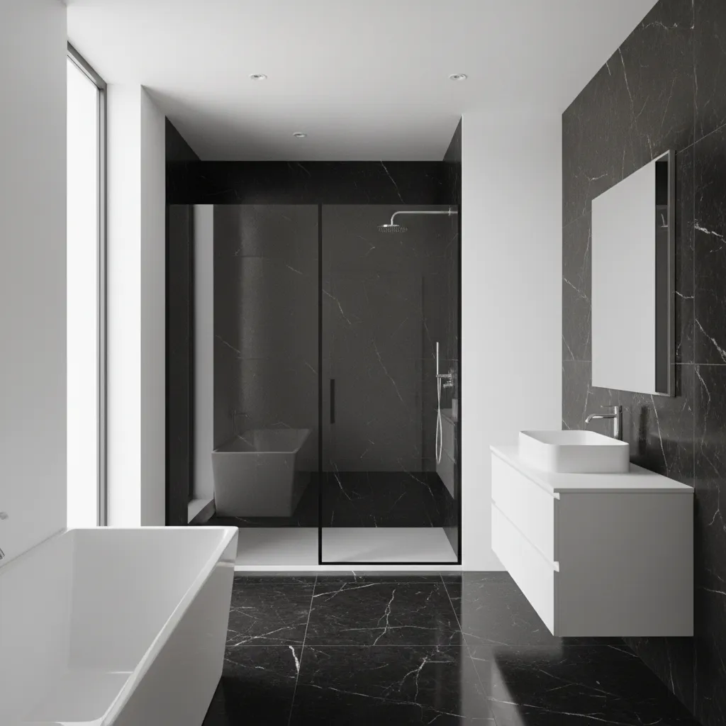 Modern bathroom featuring black marble tiles contrasted with white walls