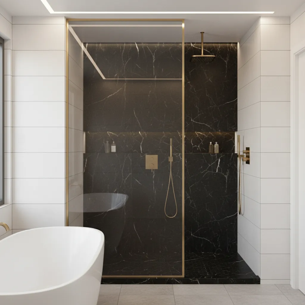 Walk in shower with black marble feature wall and light surrounding tiles