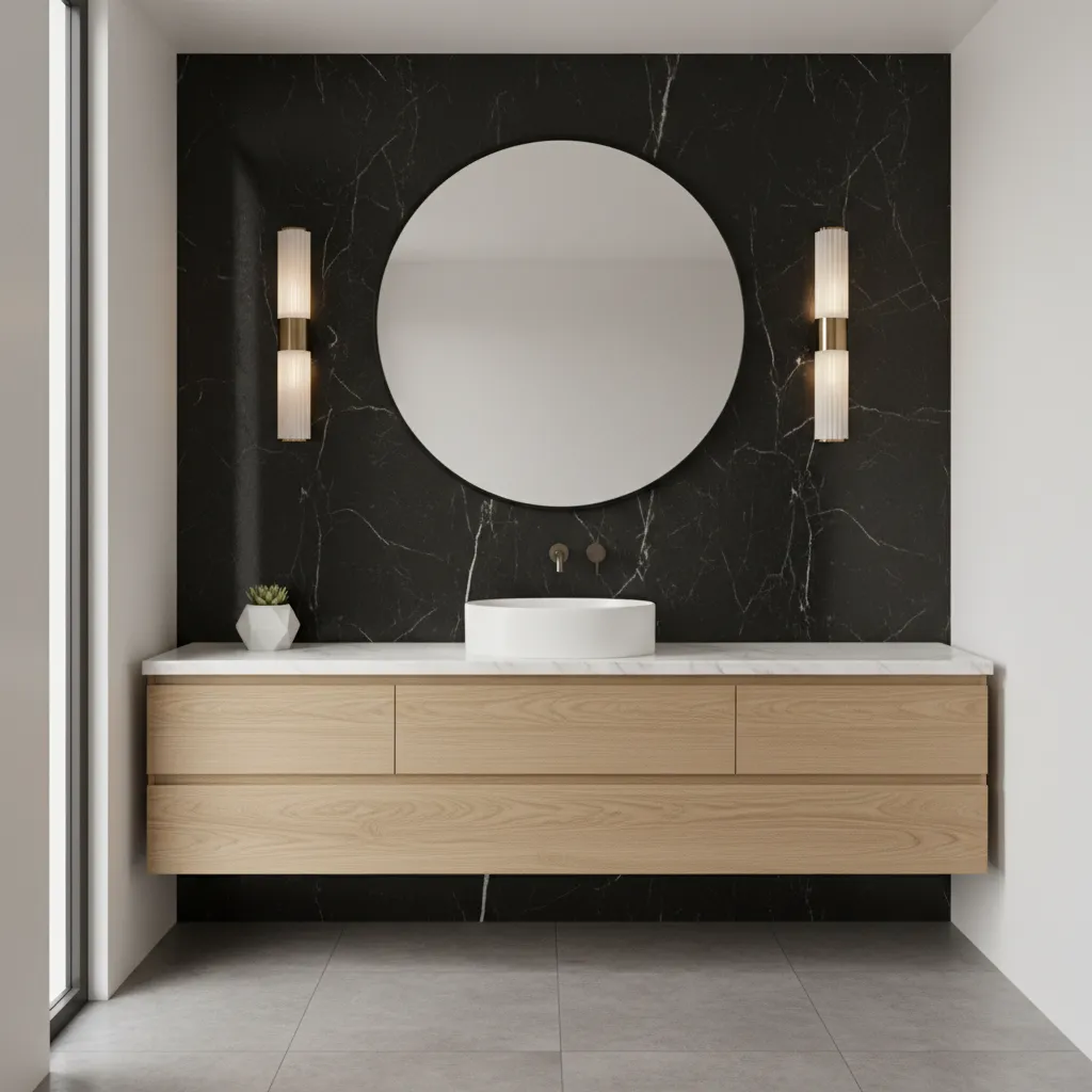 Bathroom vanity with black marble backsplash and modern mirror lighting