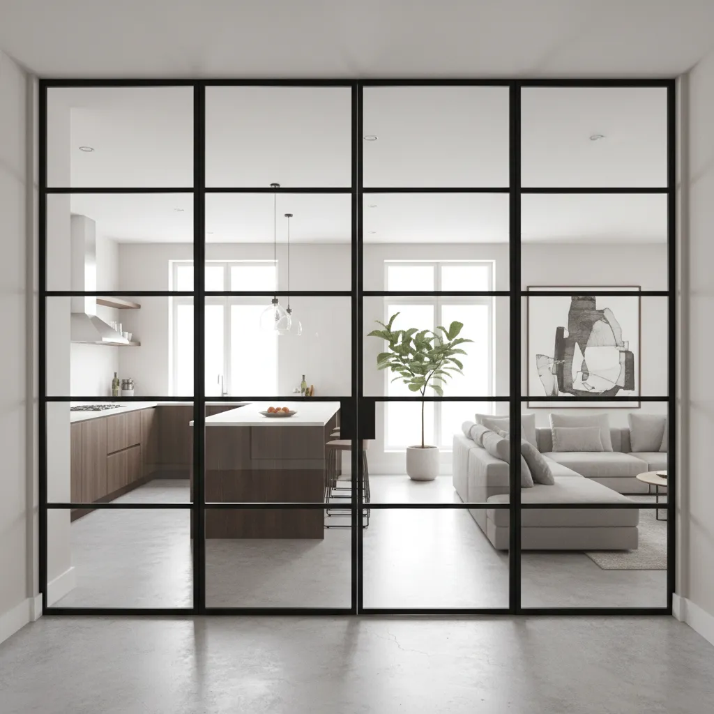 Puerta negra metálica separando cocina y salón