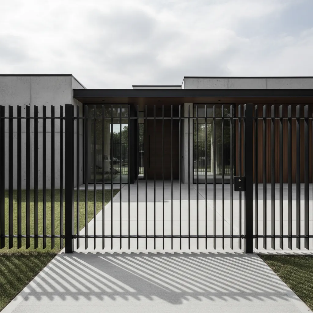 Cerca metálica negra minimalista frente a casa moderna