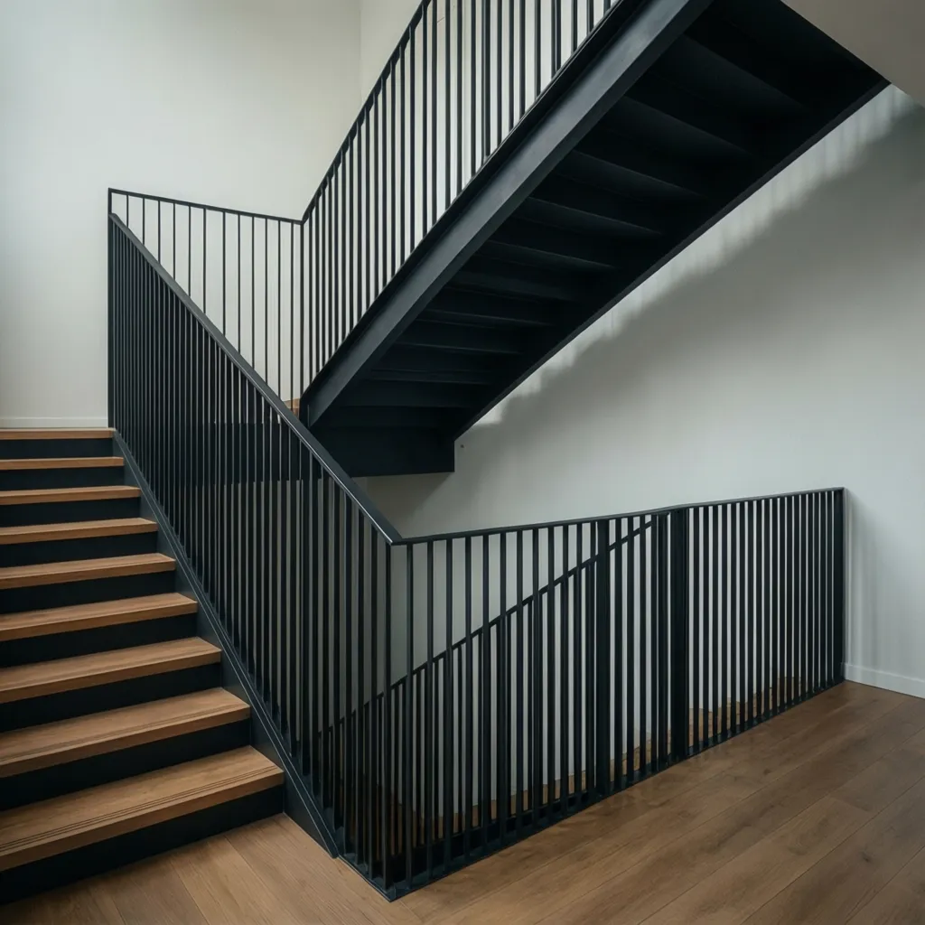 Modern wooden stairs with black metal vertical railing against a white wall and wood floor