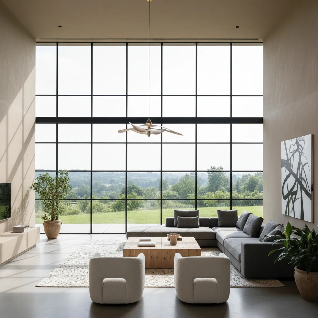 Salón moderno con grandes ventanas metálicas negras y abundante luz natural