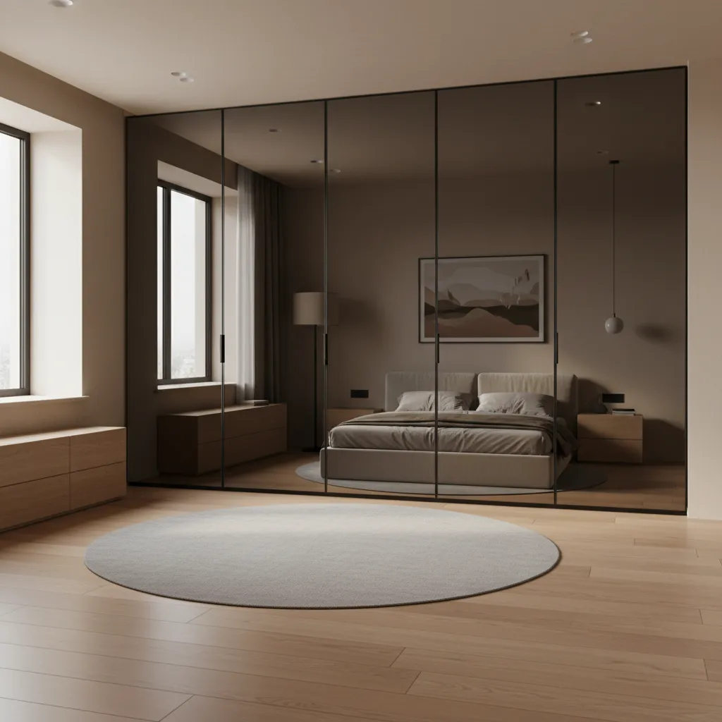 Black mirror closet doors paired with light walls and wood flooring