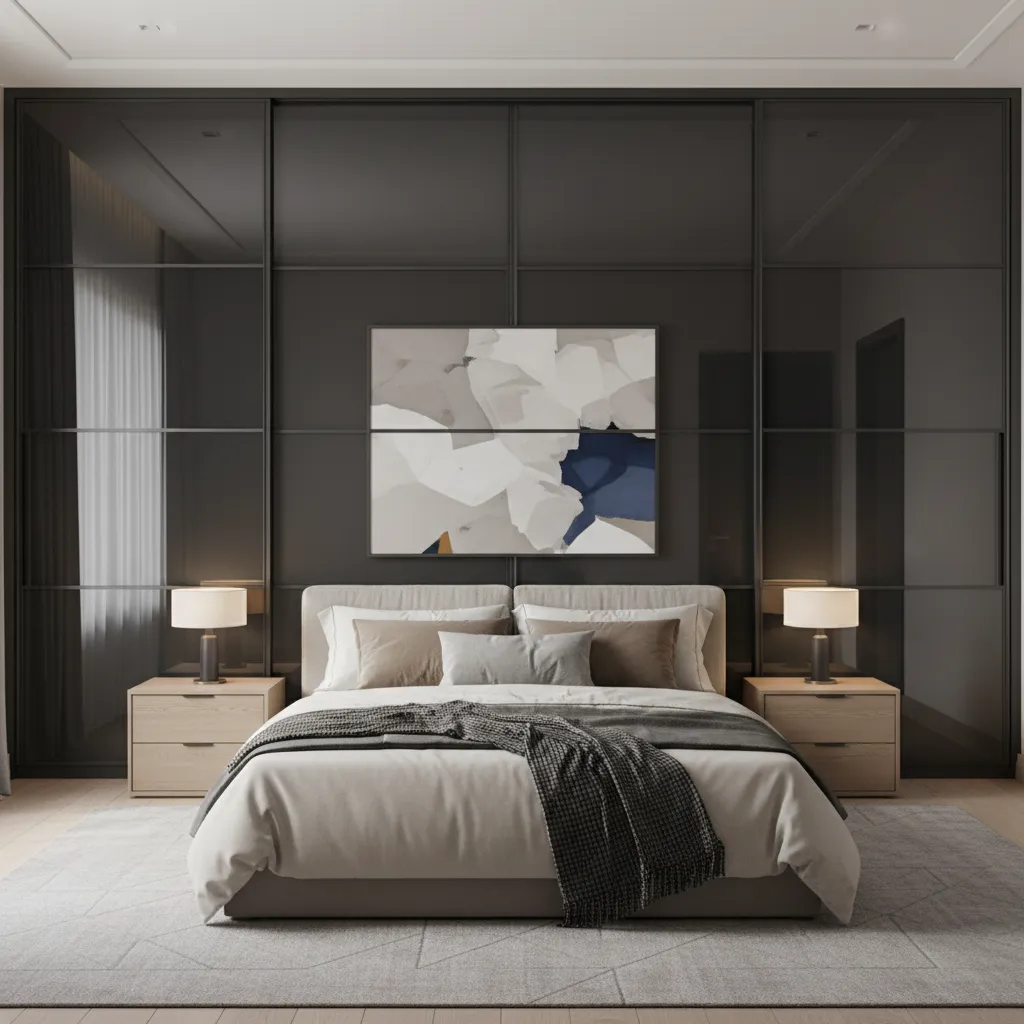 Bedroom with black mirror sliding closet doors along a wall