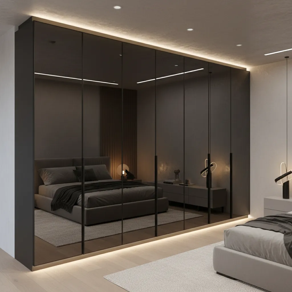 Bedroom wardrobe with dark mirror doors and soft lighting