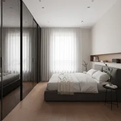 Modern bedroom with grey bed white bedding wooden floor black mirrored closet and white curtains