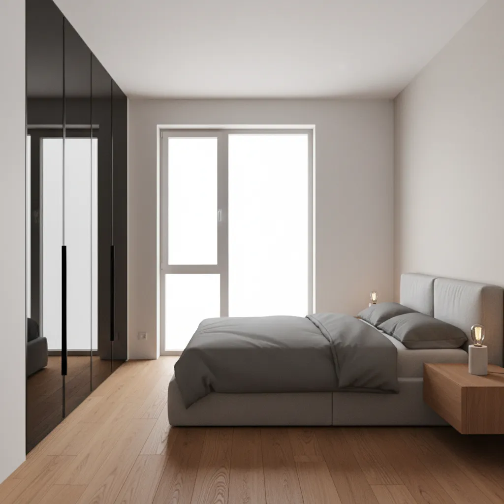 Small bedroom with black mirrored closet doors reflecting window light