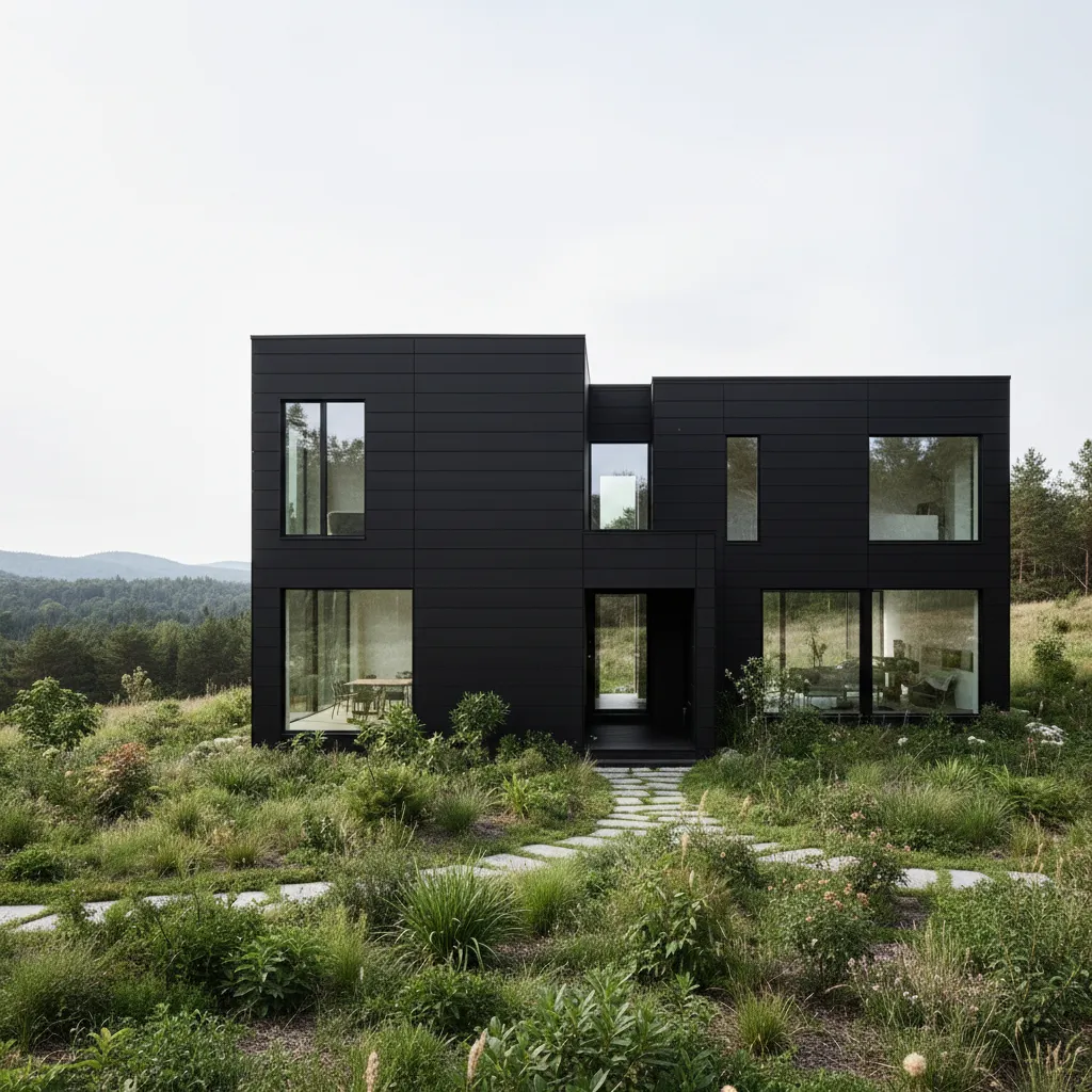 Fachada de casa moderna negra con jardín natural
