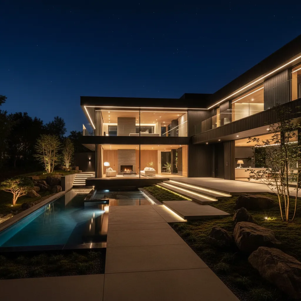 Casa moderna negra iluminada por la noche