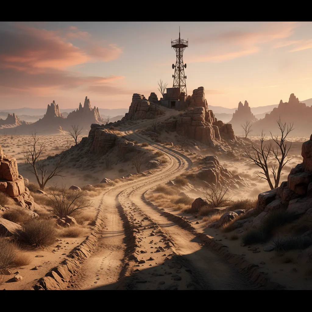 Approach path toward Black Mountain with radio tower visible on top of rocky desert hill