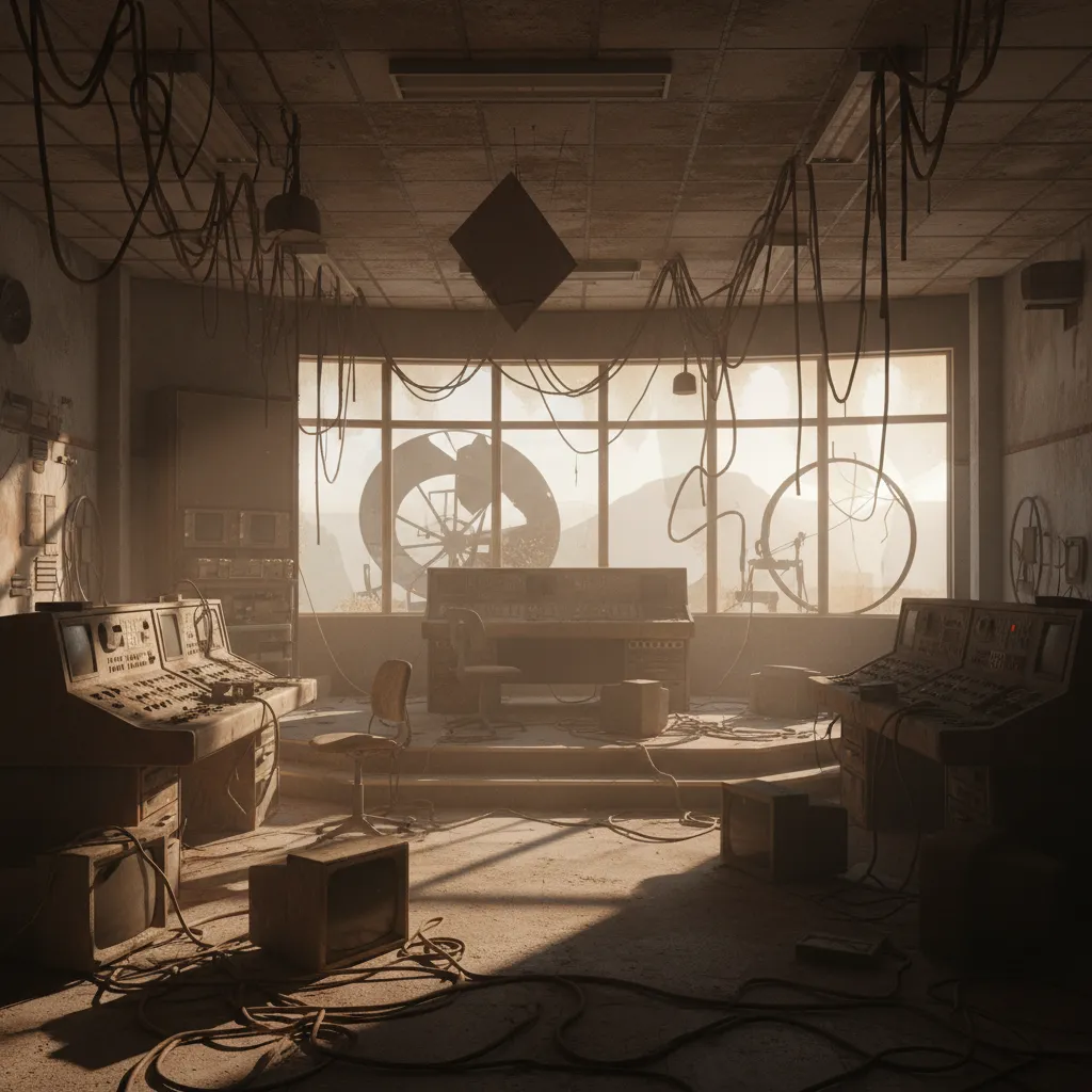 Interior of damaged broadcast station with broken radio equipment