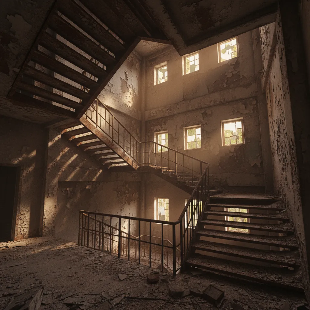 Interior stairwell and corridor showing an alternate path to reach an upper level in a post-apocalyptic building