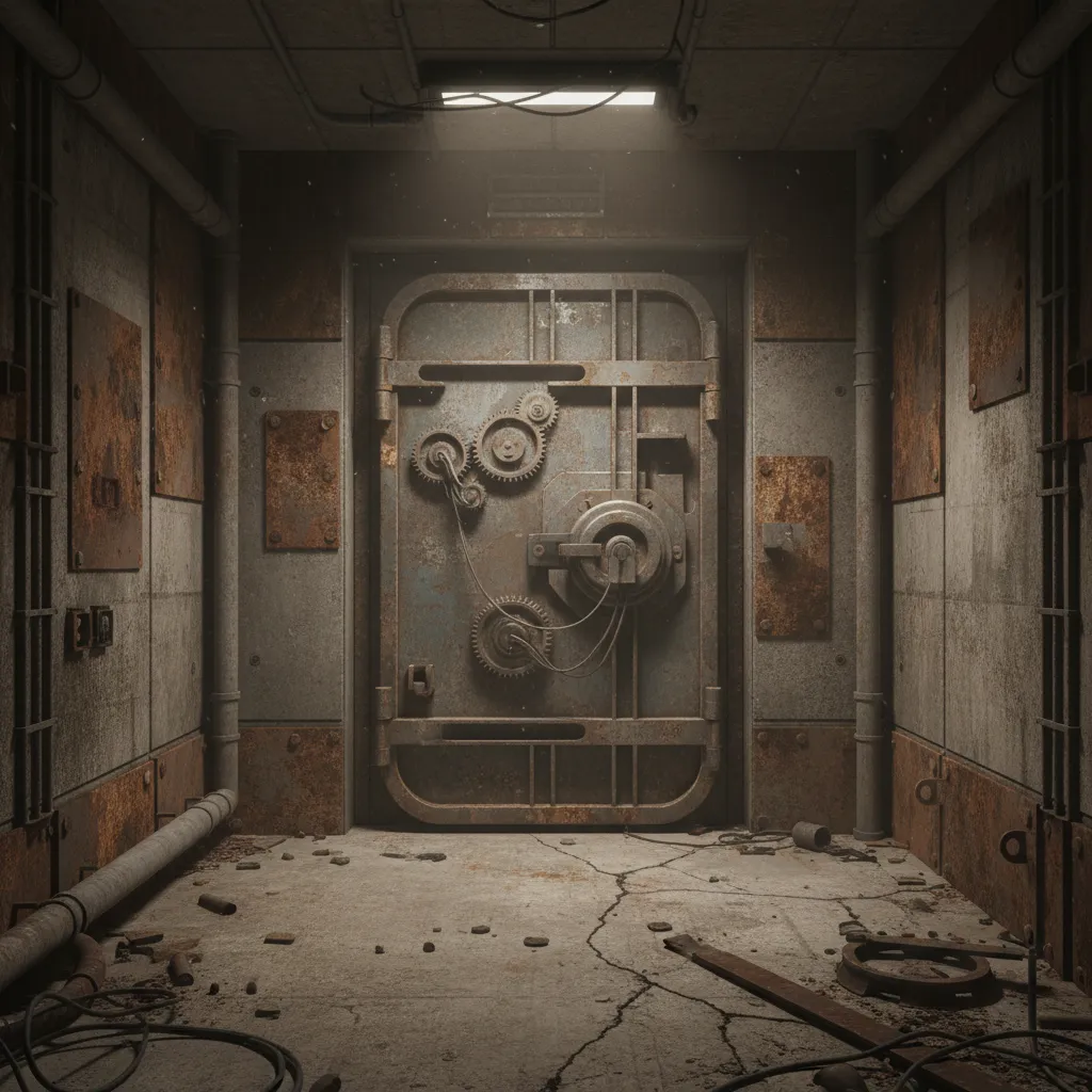 Interior locked metal door in a post-apocalyptic building representing the lockpick access point