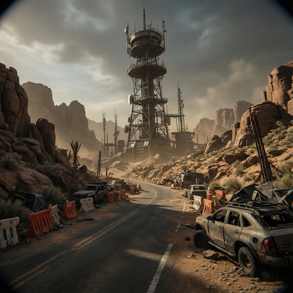 Approach road to Black Mountain with radio tower visible above rocky terrain