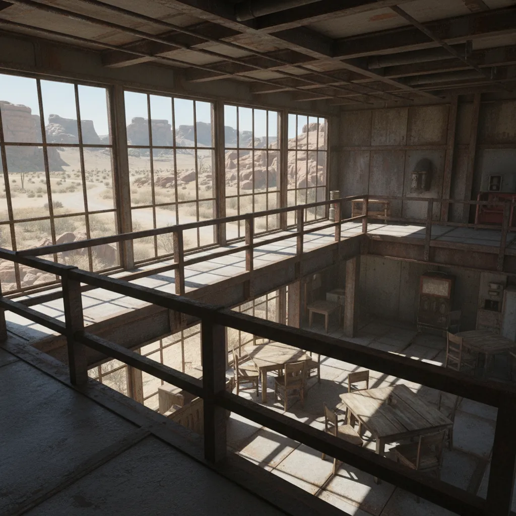Upper floor vantage point inside a rugged post-apocalyptic building overlooking the surrounding area