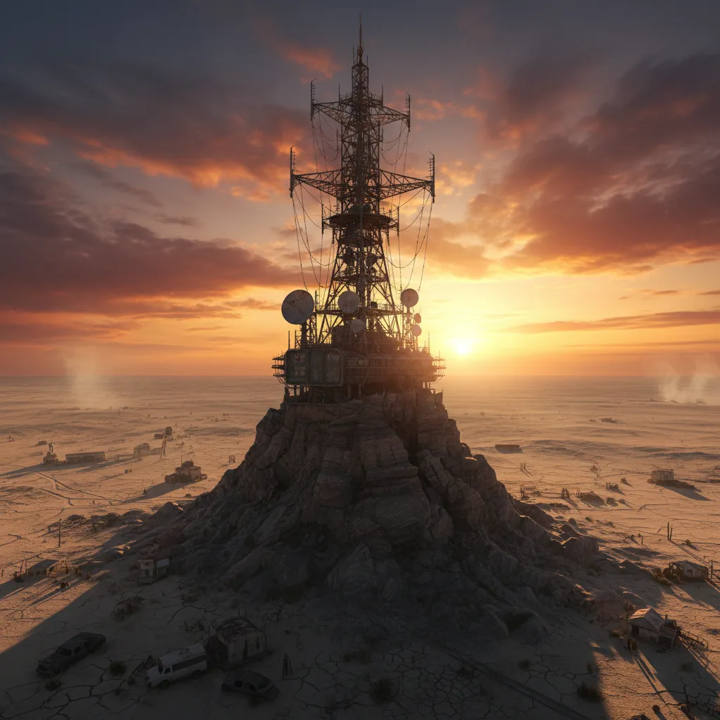 View from Black Mountain summit showing radio tower and Mojave desert