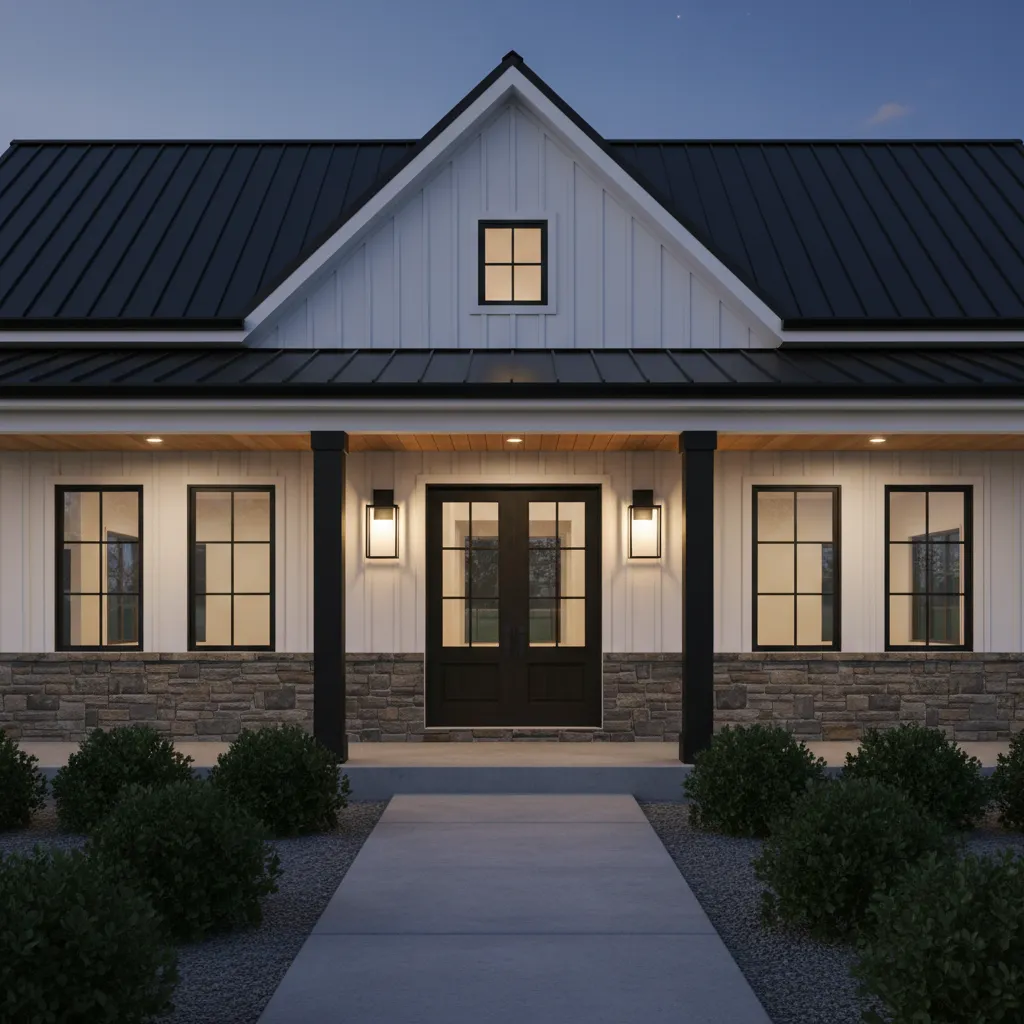 matte black outdoor wall lights mounted on white modern farmhouse exterior