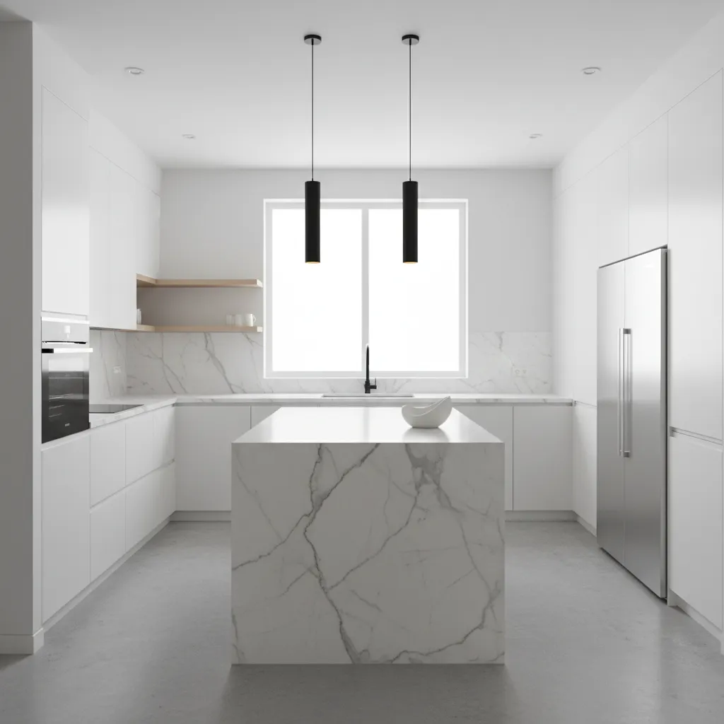 modern kitchen with black pendant lights highlighting white island