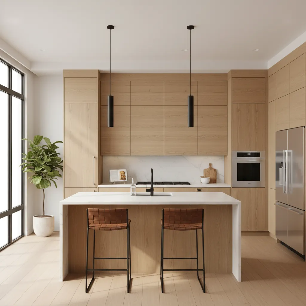 Stylish kitchen island with black pendant lights and wooden cabinetry