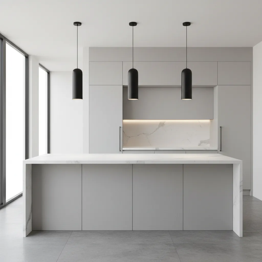 Black kitchen pendant lights installed above a modern kitchen island
