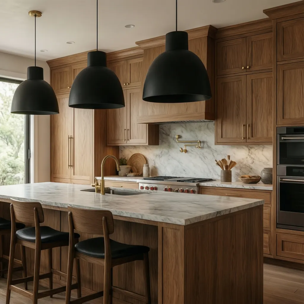 black pendant lights paired with wood cabinets and brass hardware