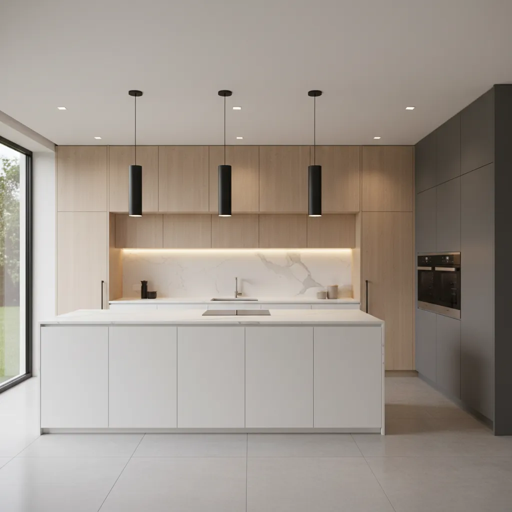 Modern kitchen with black pendant lights over a large island