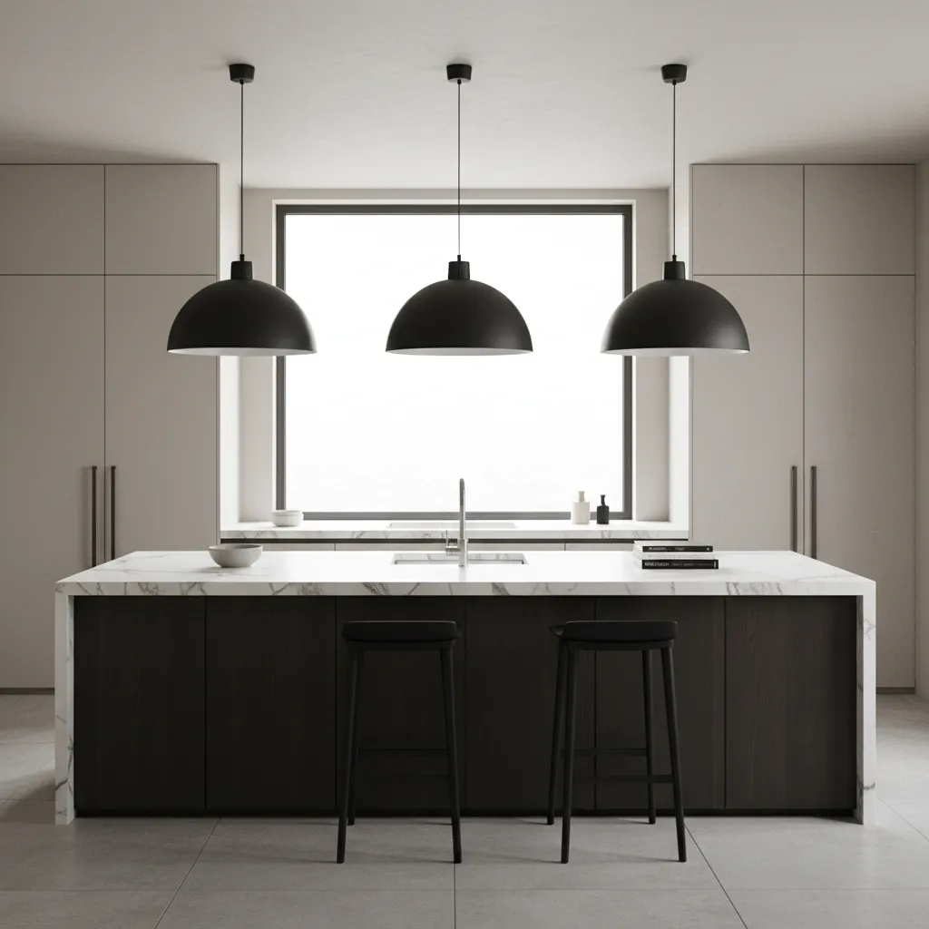 Large matte black pendant lights above contemporary kitchen island