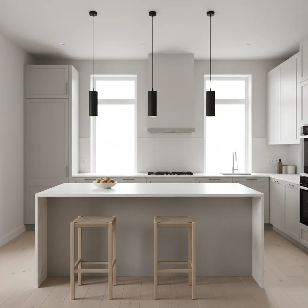 black pendant lights hanging over modern kitchen island