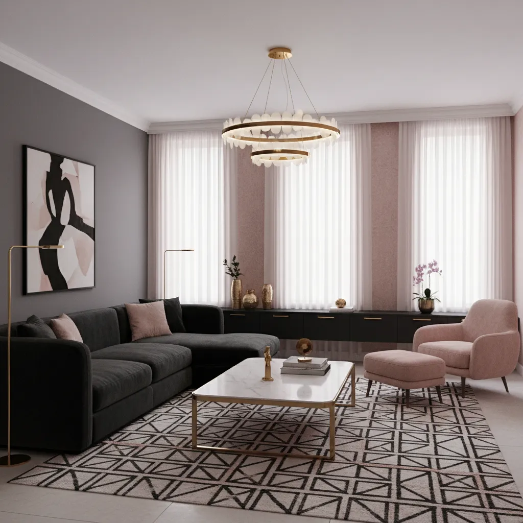 Complete black and pink living room design with sofa, accent chair and coffee table