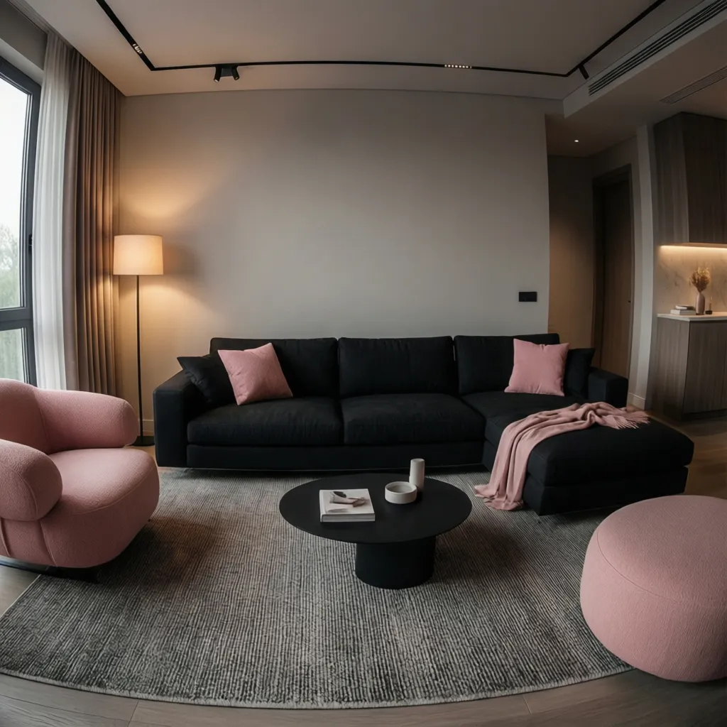contemporary black and blush pink living room with sectional sofa and soft lighting