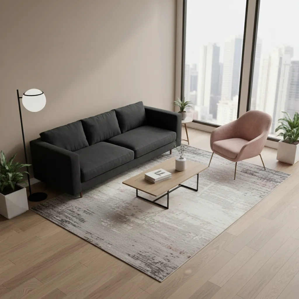 living room layout with black furniture and pink accent pieces arranged in modern design