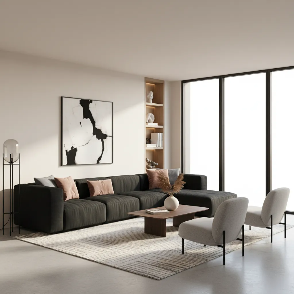 Black sofa and pink accents in a modern living room layout