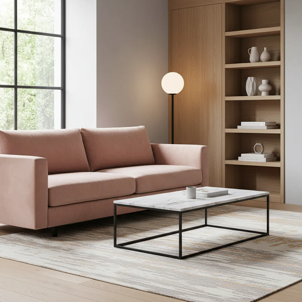 black and pink living room materials including velvet sofa marble table and wood accents
