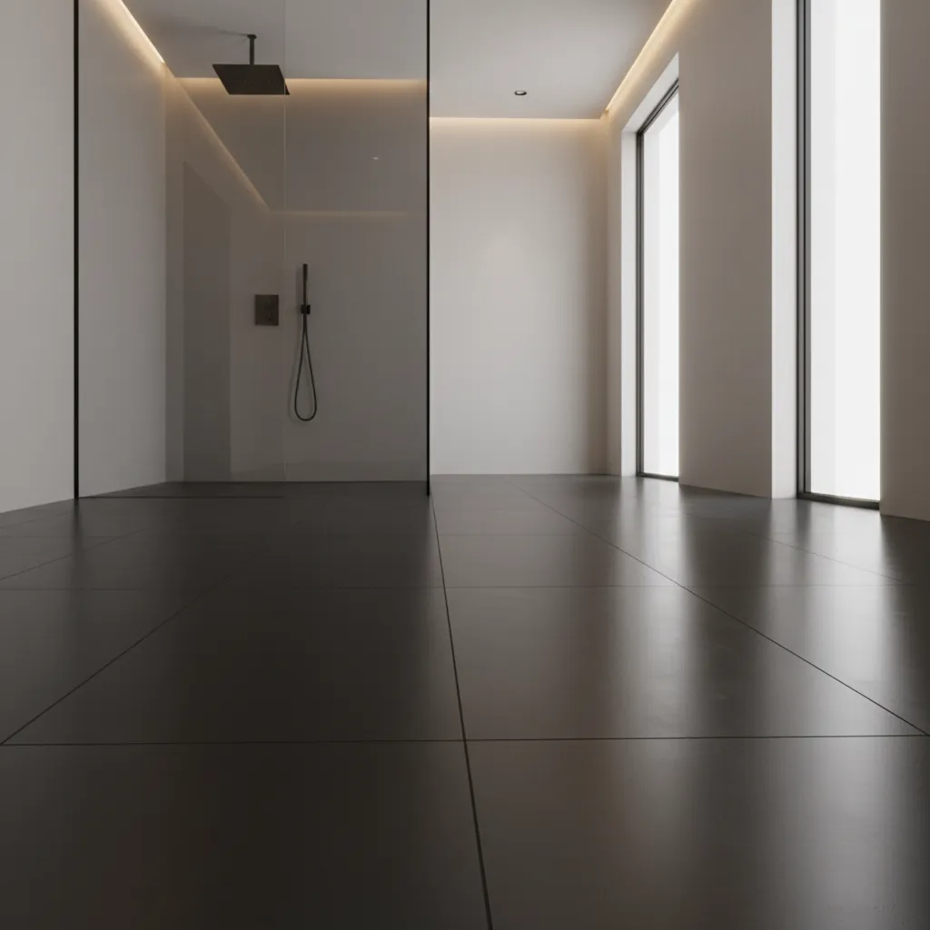 large format matte black porcelain tiles on bathroom floor with minimal grout lines