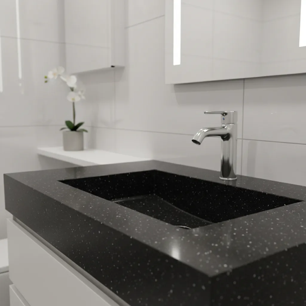 Close up of black quartz bathroom vanity countertop