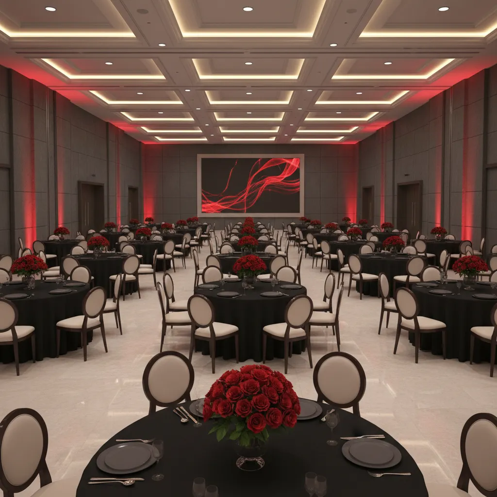 Banquet hall decorated with black tablecloths red flowers and dramatic lighting