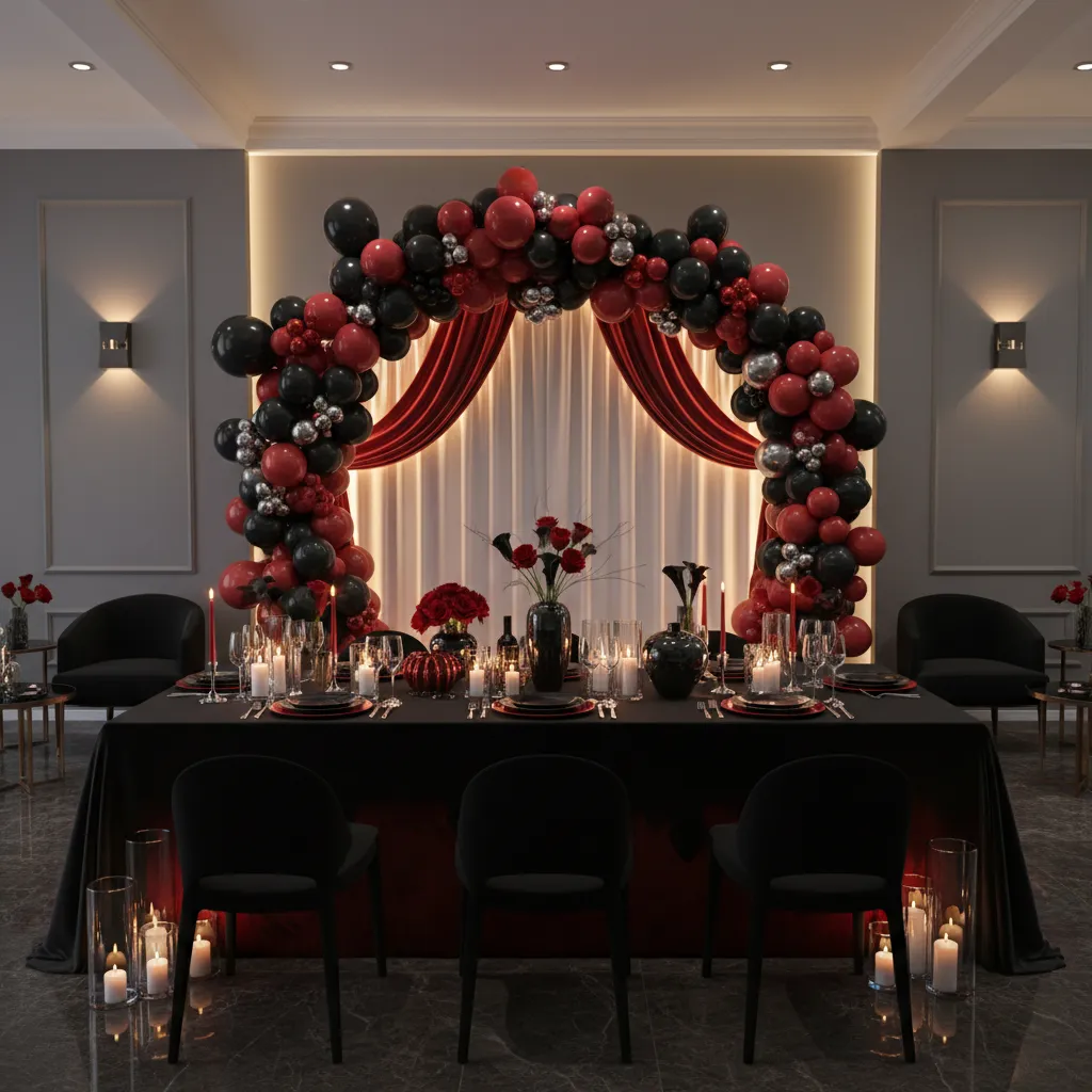 improved black and red party decor with balloons lighting and metallic accents