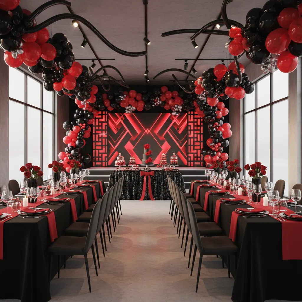 party decor elements like balloons tablecloths and backdrops in black and red
