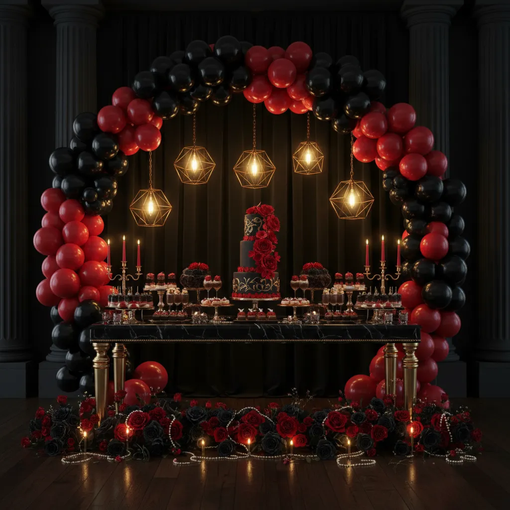 Black and red party focal point backdrop with balloon arch and decorated cake table