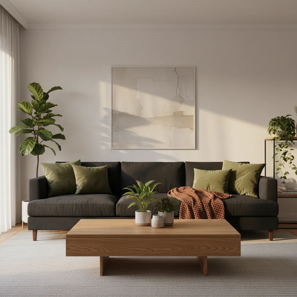 black sofa living room with olive green and rust accent pillows