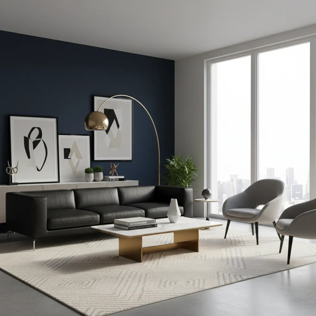 styled living room palette example with black couch navy wall and brass accents