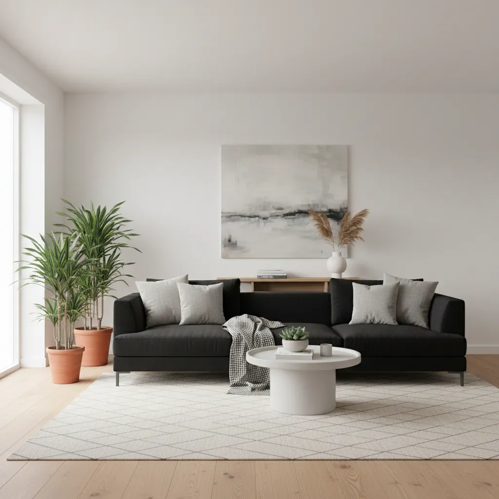 Bright living room with black couch and light walls creating contrast