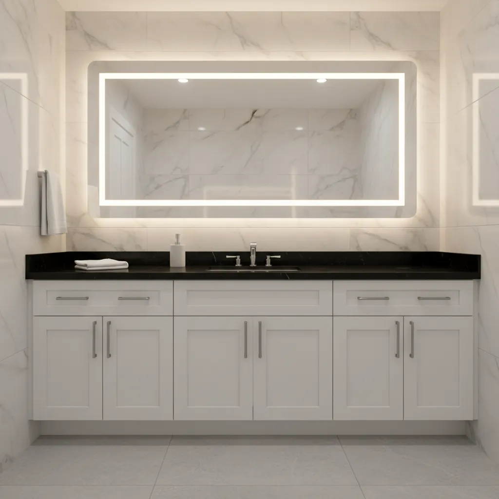 Modern bathroom vanity with black countertop and white cabinets