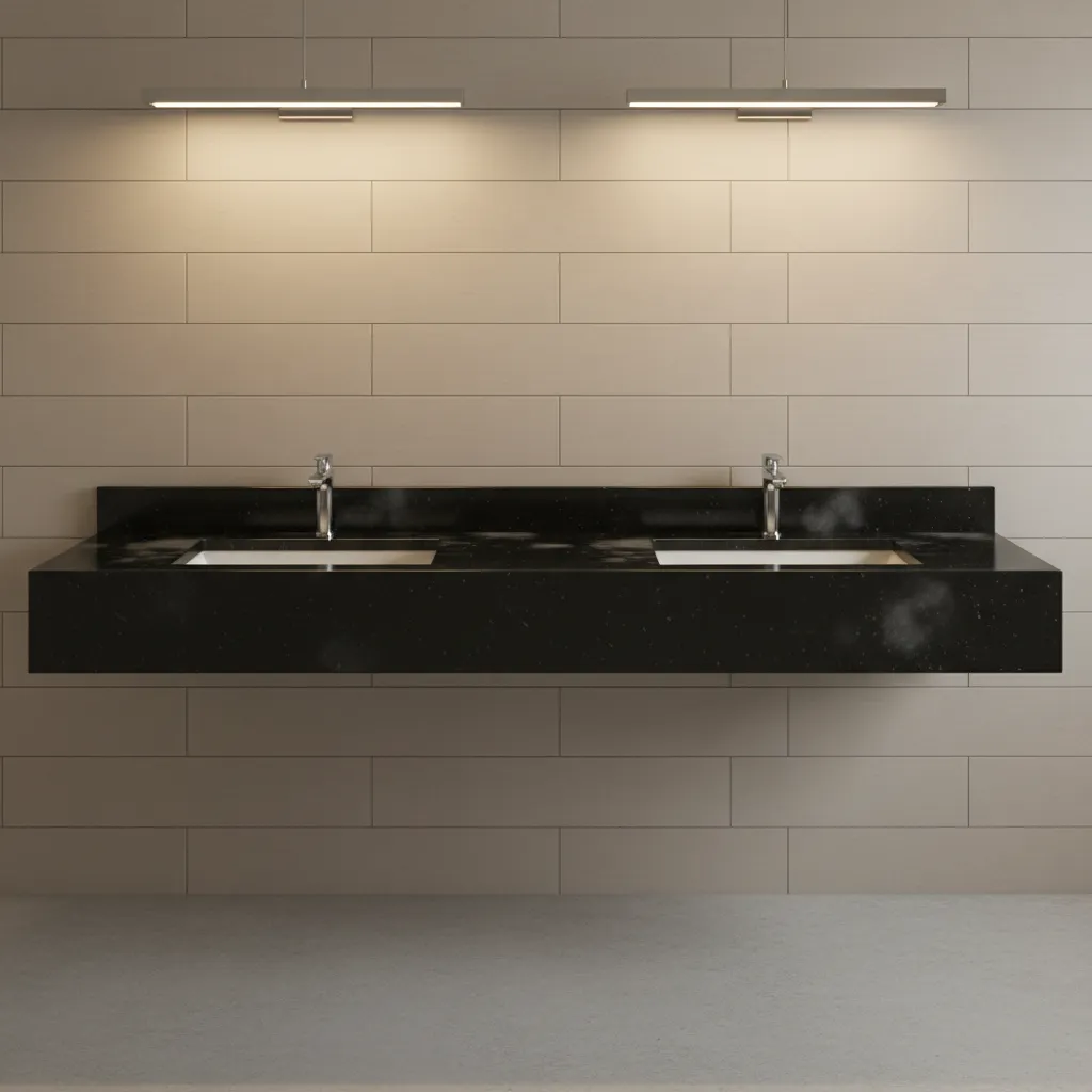 black bathroom countertop with visible water spots near sink